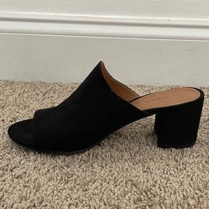 Black suede 14th and union slides with block heel